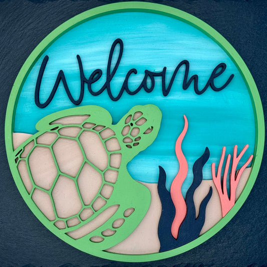 Hand-Painted Layered Sea Turtle Welcome Sign